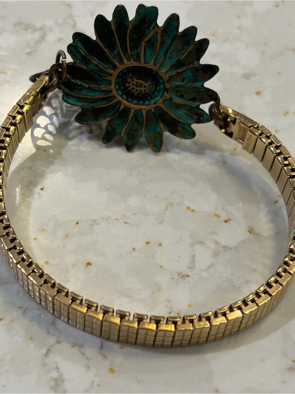 Antique Gold Floral Bracelet with Turquoise Patina Accents